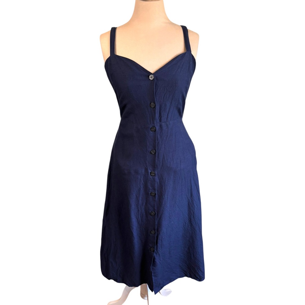 Lucky Brand Navy Blue Button Front Linen Midi Dress Smocked Back Pockets Sz S